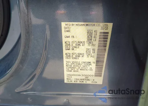 2011 Nissan Titan Sl from USA, damaged, VIN 1N6AA0ED1BN306009